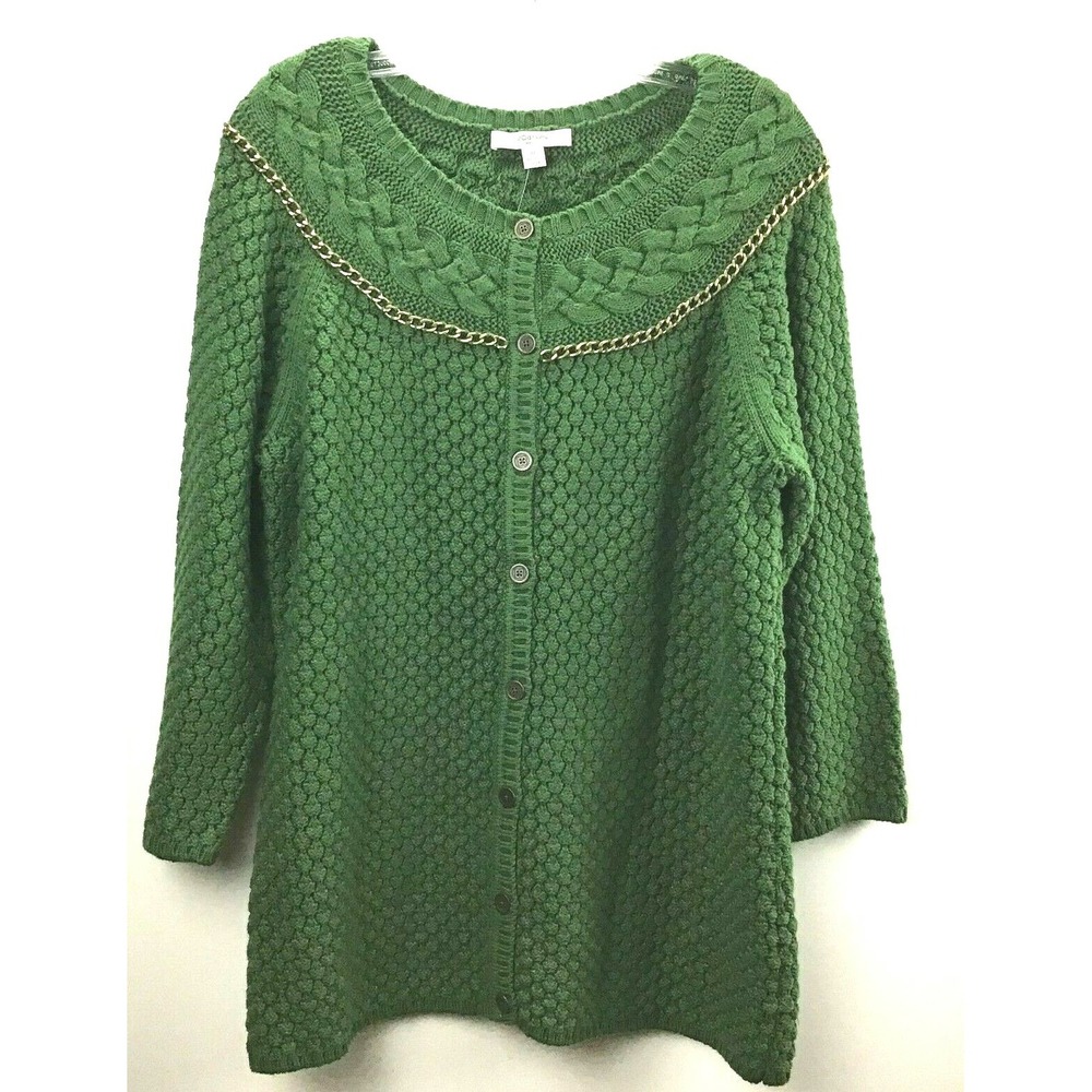 New Liz Claiborne Sweater Medium Green Chain Accent Popcorn Cable Knit Cardigan